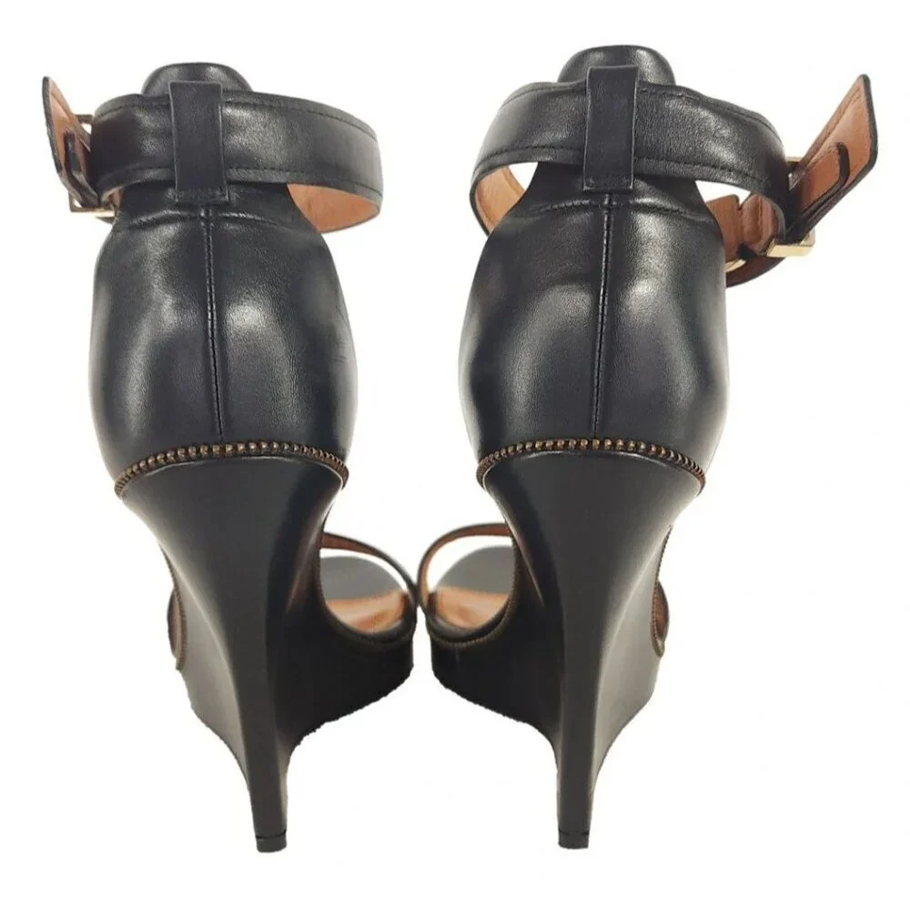 Givenchy Black Leather Ankle-Strap Wedge Sandals with Gold Stud Trim